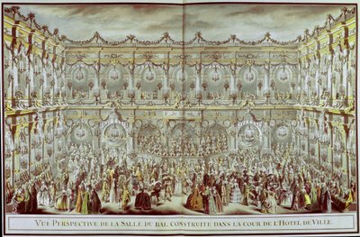 Vista en perspectiva del salón de baile construido en el patio del Hotel de Ville en París con motivo del primer matrimonio del Delfín con María Teresa, Infanta de España de Charles Nicolas II Cochin